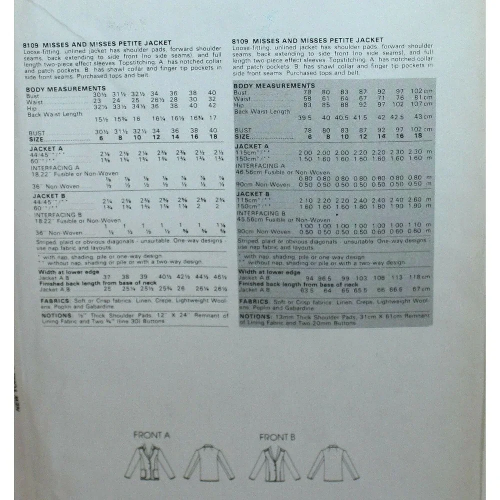 Vogue 8109‎ Sewing Pattern Misses Jacket Size 10 1980s Blazer Uncut